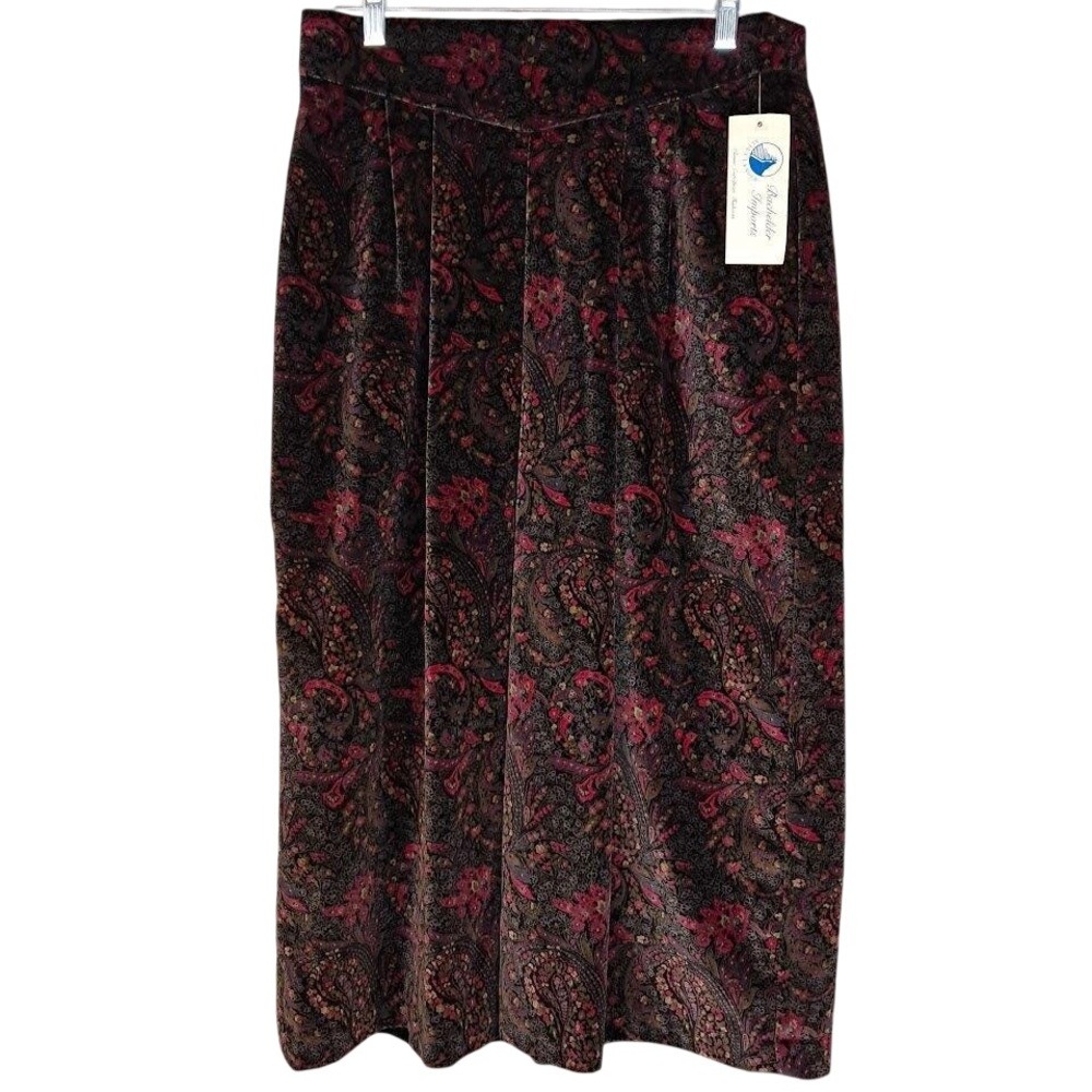 Vintage 80s BACHELDER‎ IMPORTS 12 Velvet Paisley Midi Skirt Burgundy NWTFloral